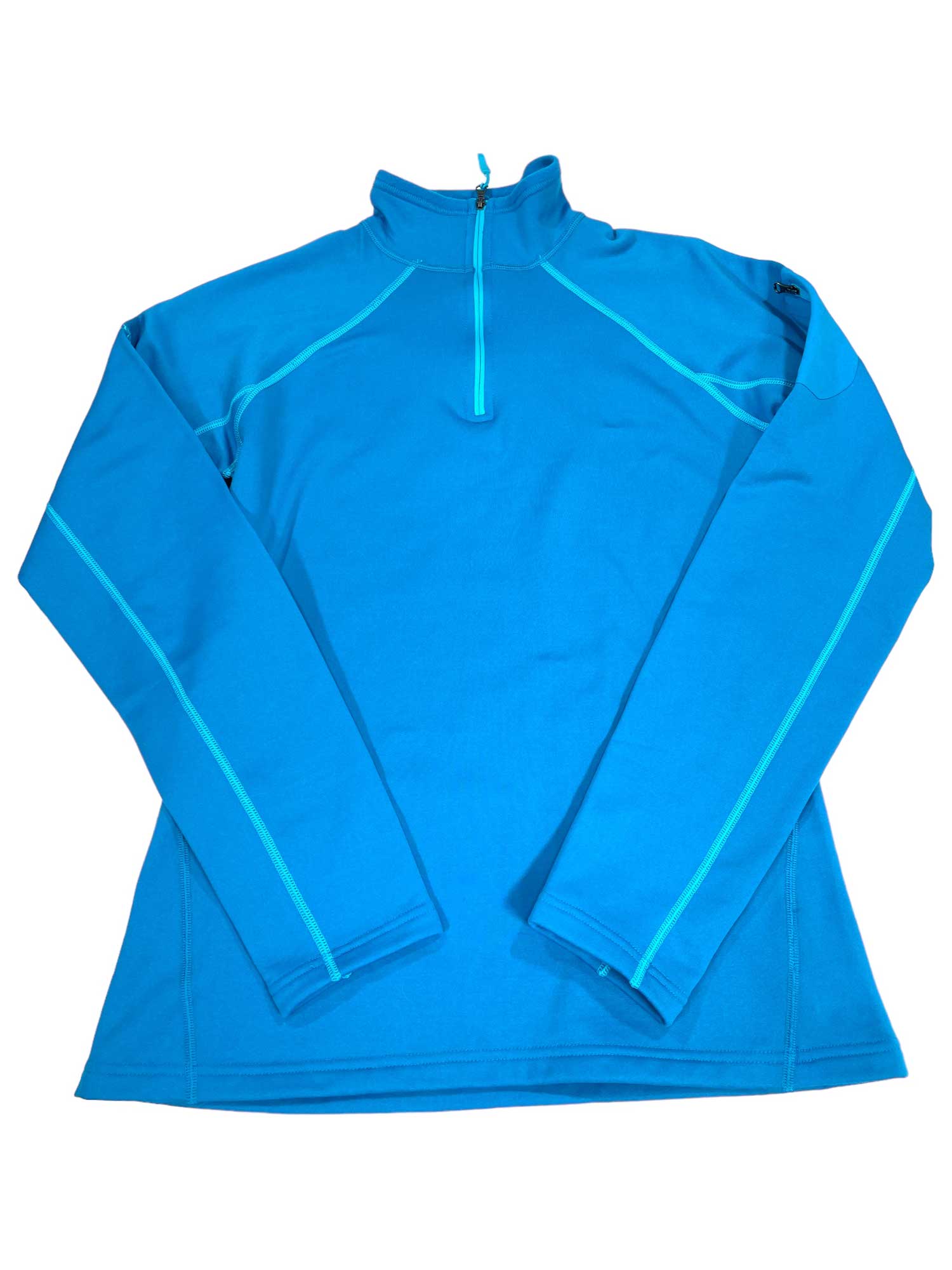 The Womens Stretch Fleece 1/2 Zip is a bright blue power stretch top with a quarter-zip collar, light blue seam details, and a relaxed fit, shown laid flat on a white background.
