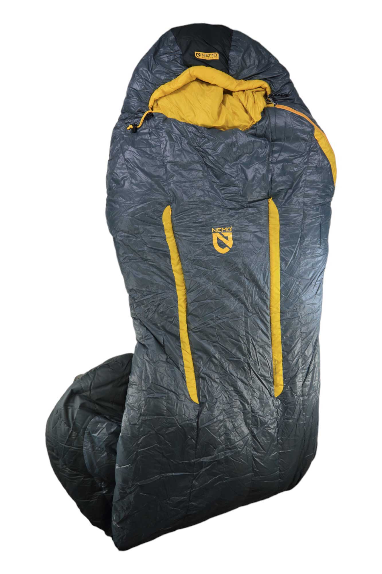 Men's sleeping bag with hood, dark fabric, bright yellow straps and curved bottom