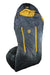 Men's sleeping bag with hood, dark fabric, bright yellow straps and curved bottom