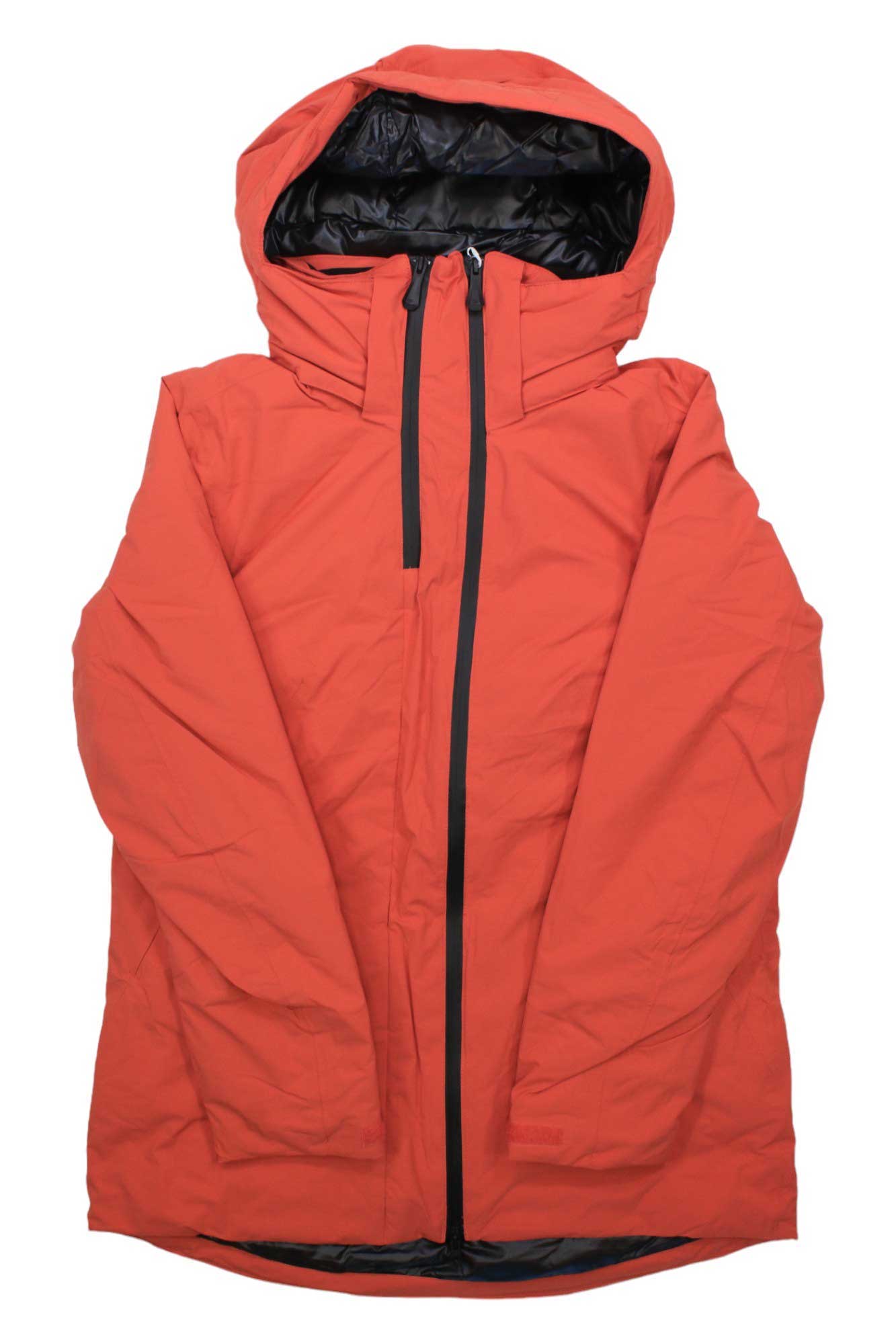 The Helly Hansen Womens Nora Long Insulated Jacket is a bright orange ski jacket with a black zipper and inner lining, shown flat on a white background.