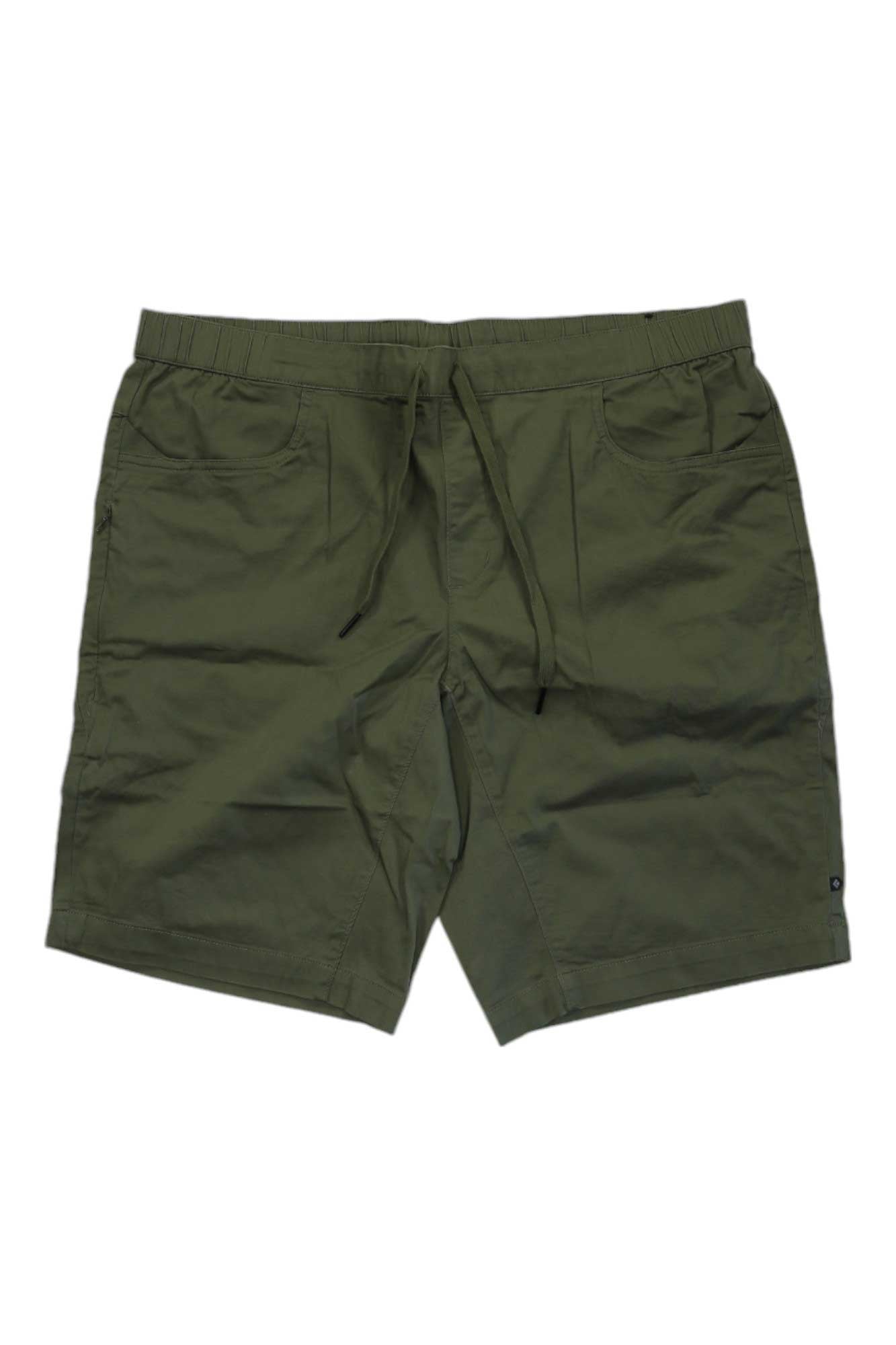 Black Diamond Mens Notion 11 Inch Short in olive green, made from organic cotton with an adjustable elastic waist, drawstring, and two side pockets, shown flat on a white background.