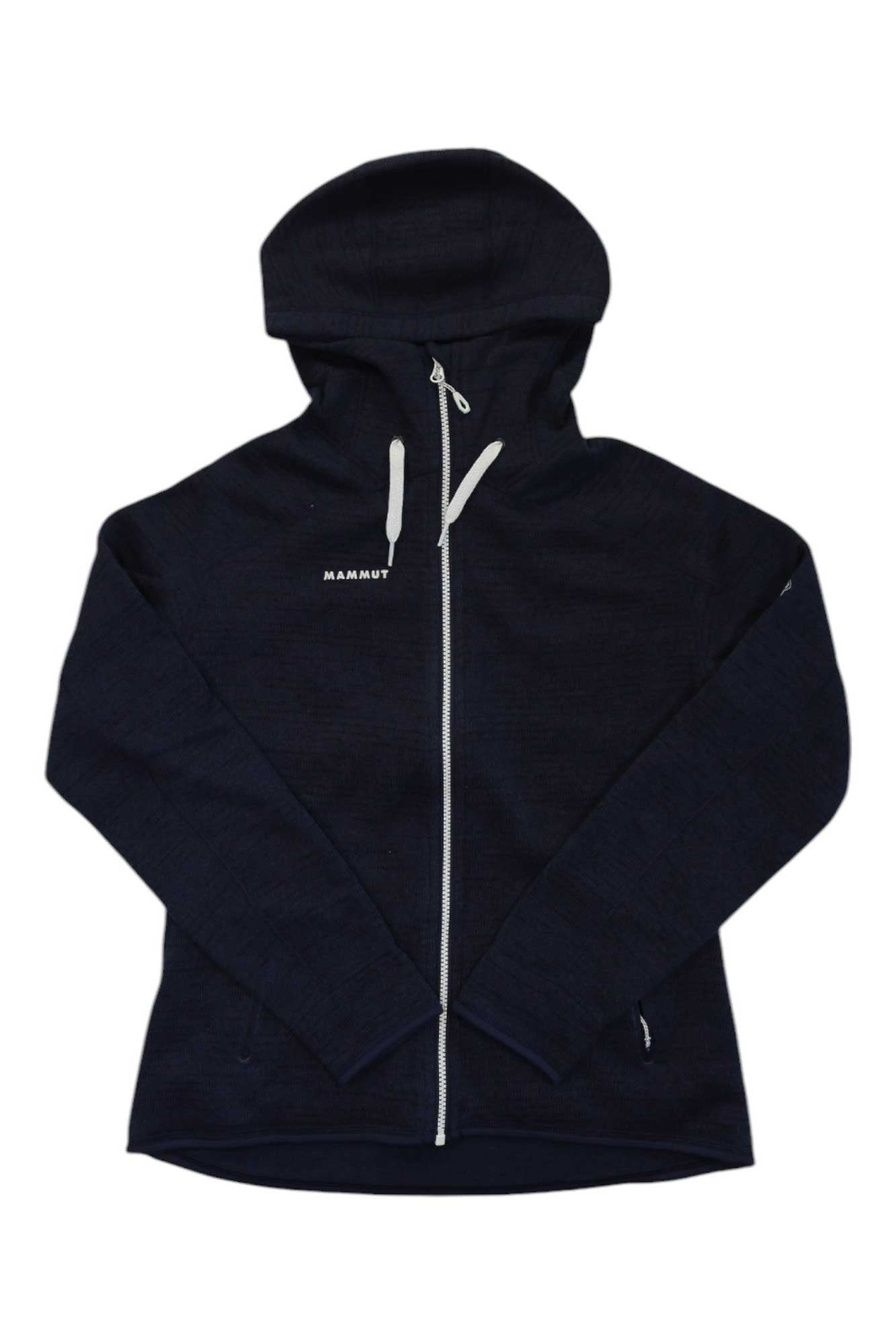 The Mammut Womens Arctic ML Hooded Jacket is a dark navy zip-up hoodie with a hood, white drawstrings, and "MAMMUT" printed in white on the left chest. Shown laid flat on a white background, it’s ideal for outdoor adventures.