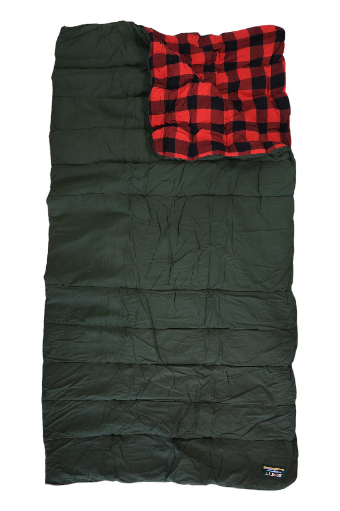 L.L.Bean flannel camp blanket, dark green with red-and-black buffalo plaid top panel