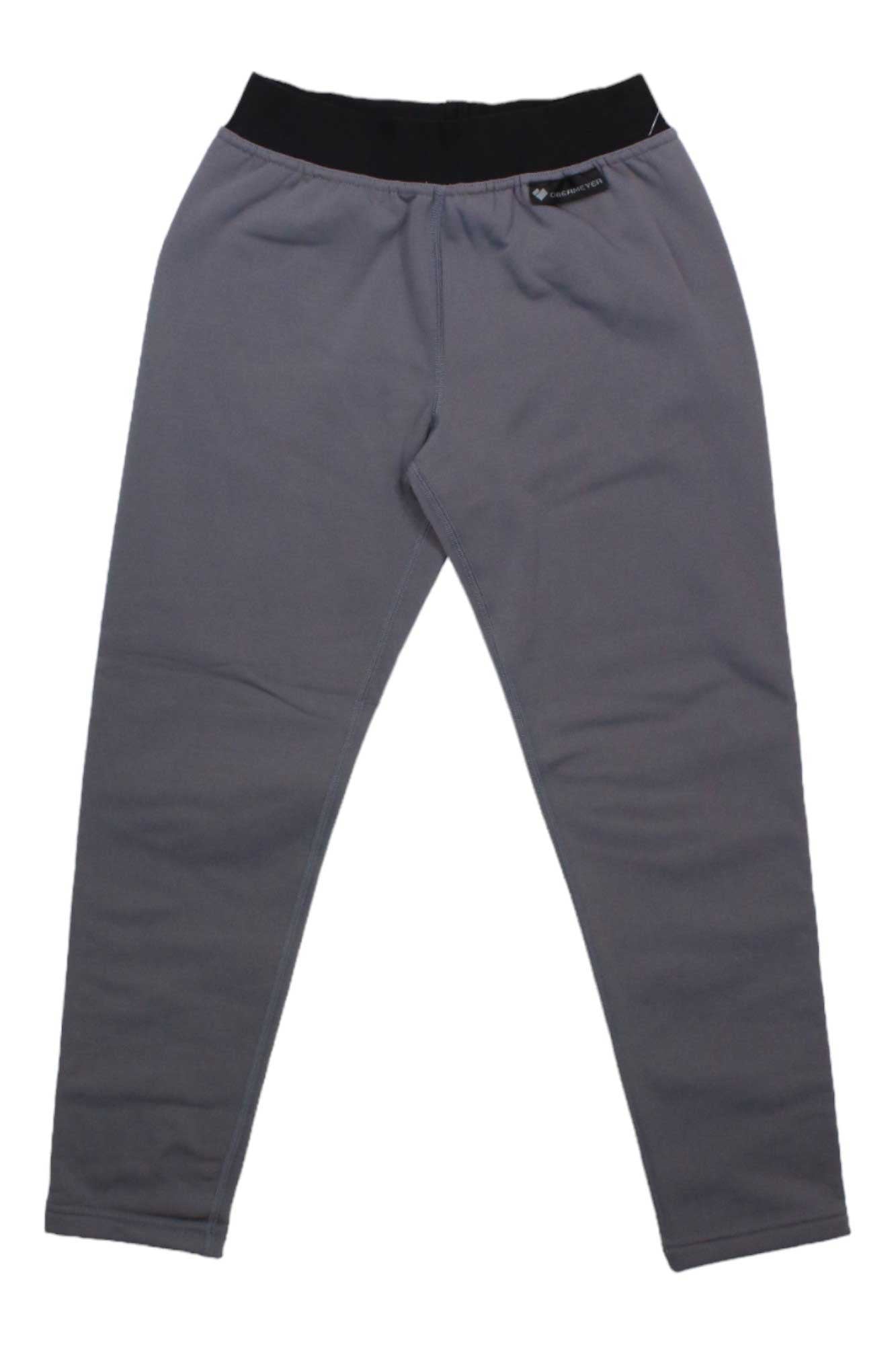 The Obermeyer Teens Ultragear Bottom is a pair of plain gray leggings with a black elastic waistband and moisture-wicking technology, shown laid flat on a white background—ideal for outdoor activities.