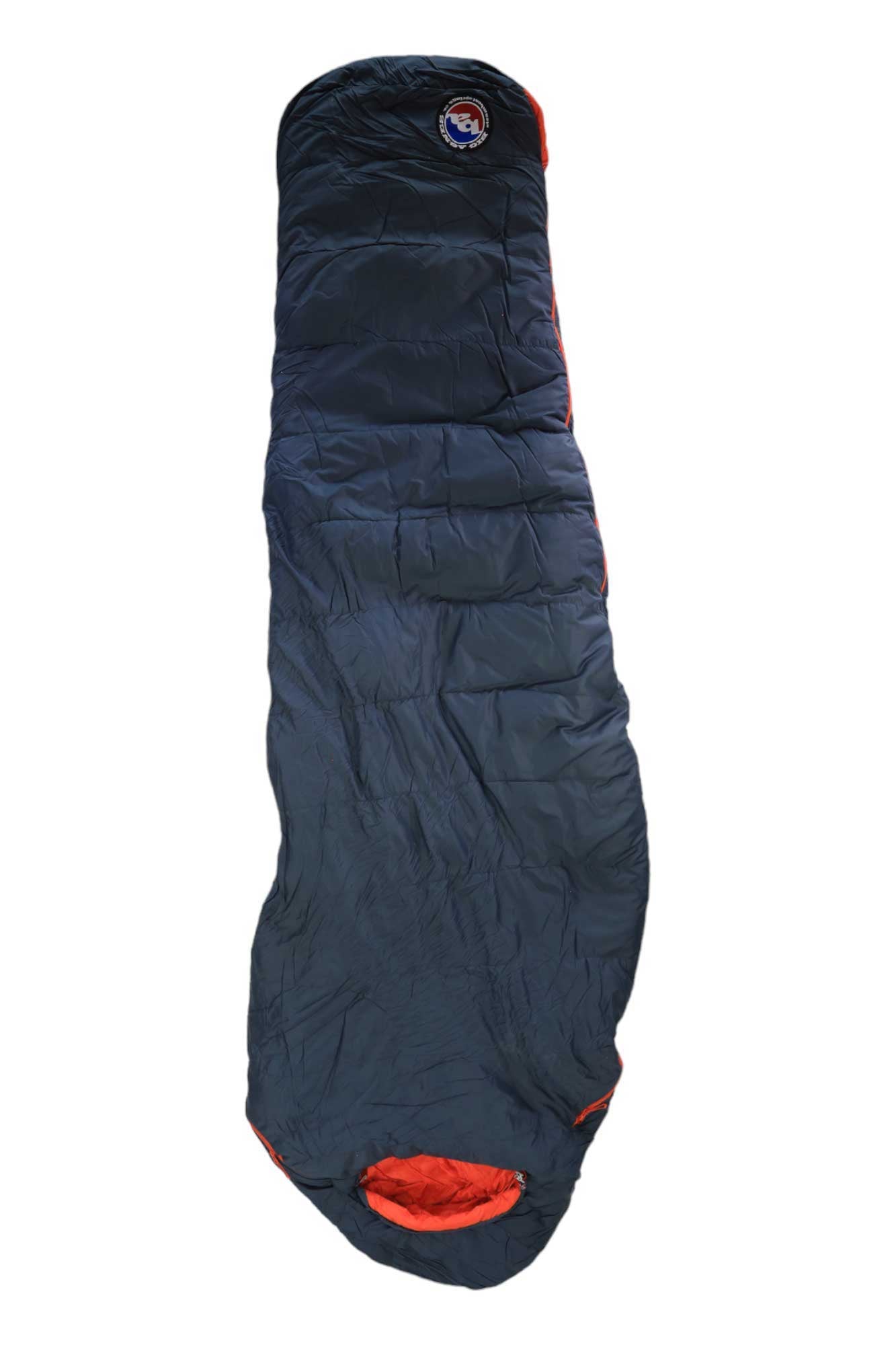 Regular left-zip sleeping bag in dark blue with red hood and foot panels, logo patch