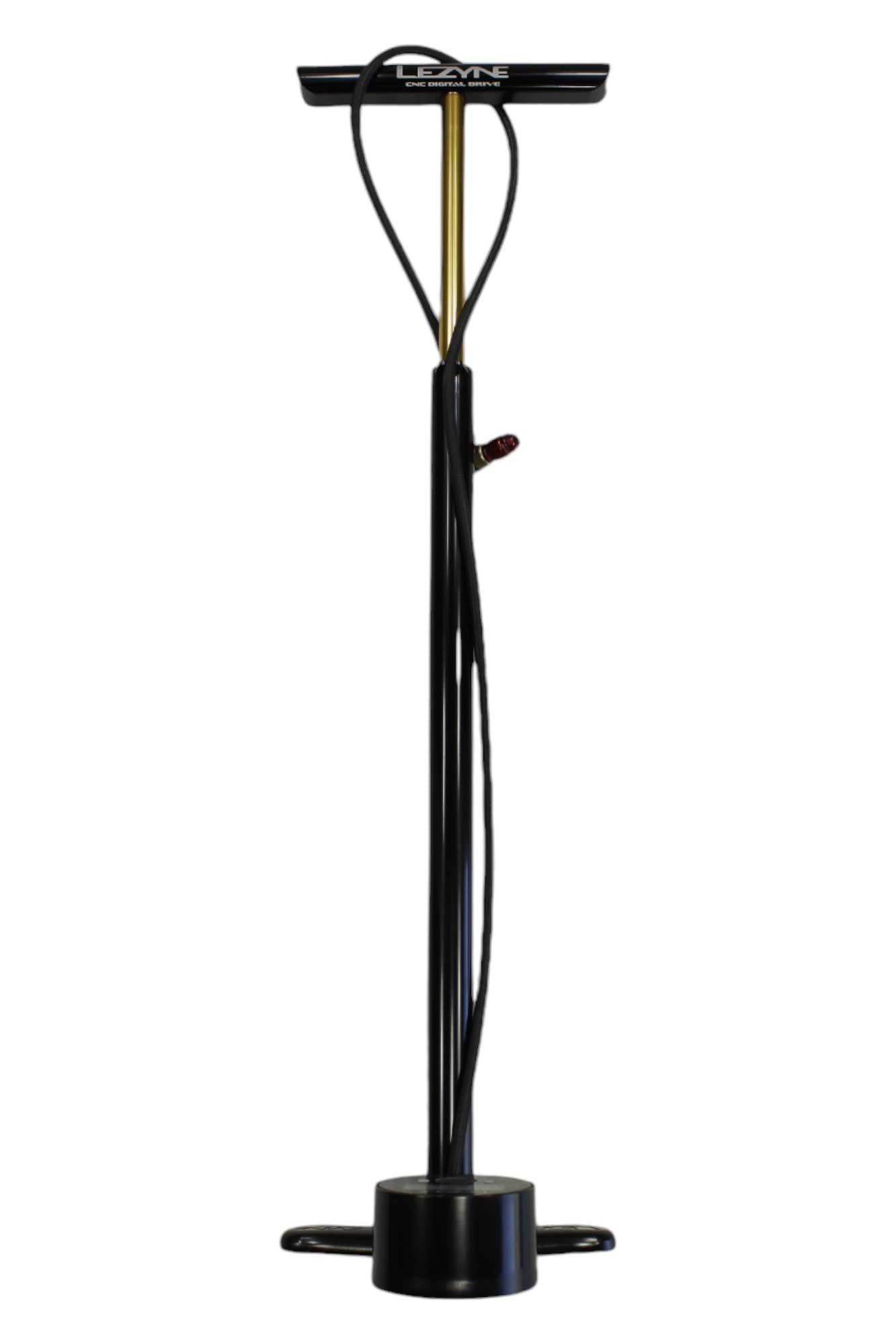 Bike floor pump with digital gauge, black glossy finish, standing base
