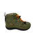The KEEN Youth Howser II Chukka WP Boot for toddlers comes in olive green with quilted stitching, a black rubber sole, orange elastic laces, and a pull tab. Made with recycled PET plastic and waterproof, it features the KEEN logo on the side.