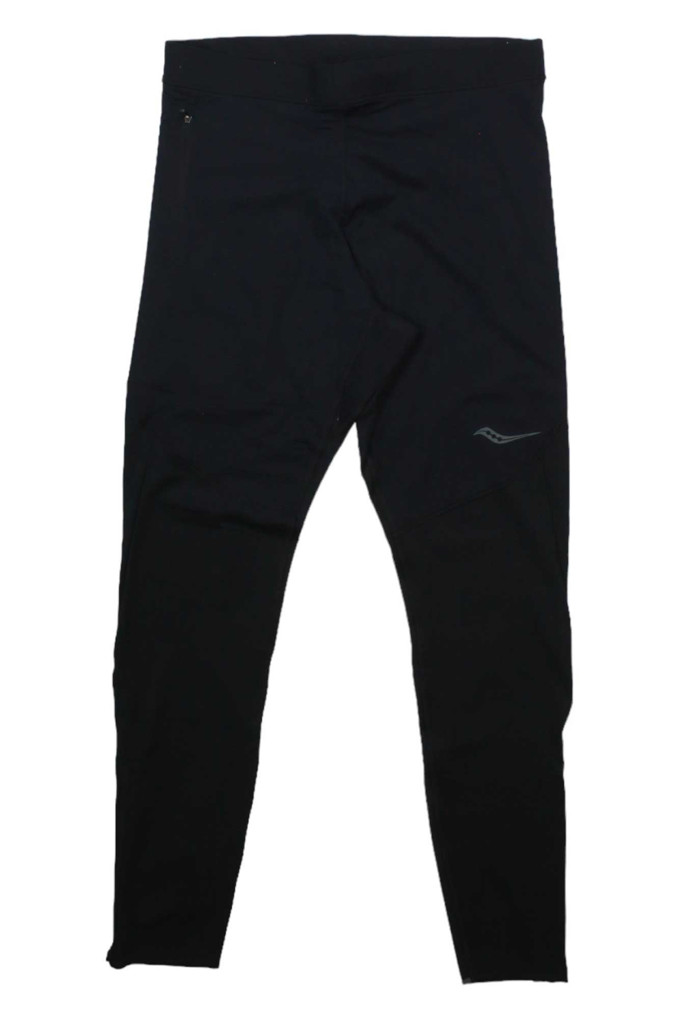 Men's black running tights with subtle seam lines and small logo on thigh.