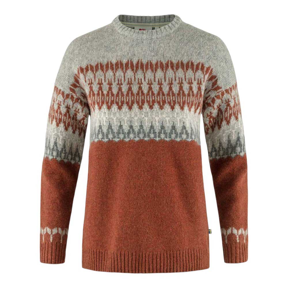 The Fjallraven Womens Ovik Path Knit Sweater is a soft-knit outdoor sweater with a round neckline and geometric patterns in brown, gray, and off-white—ideal as a cozy layering piece for cool-weather hikes.