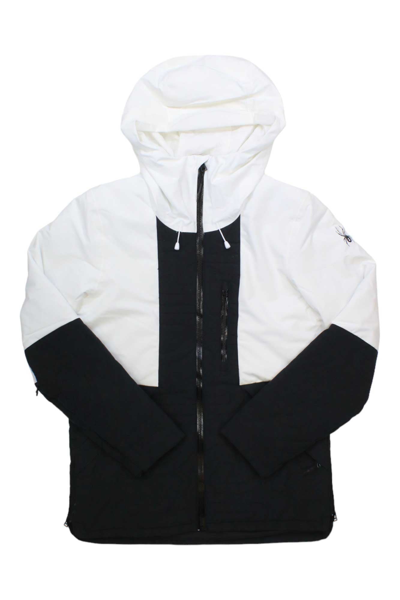 Hooded zip-front jacket in black and white color-block, long sleeves with contrasting panels