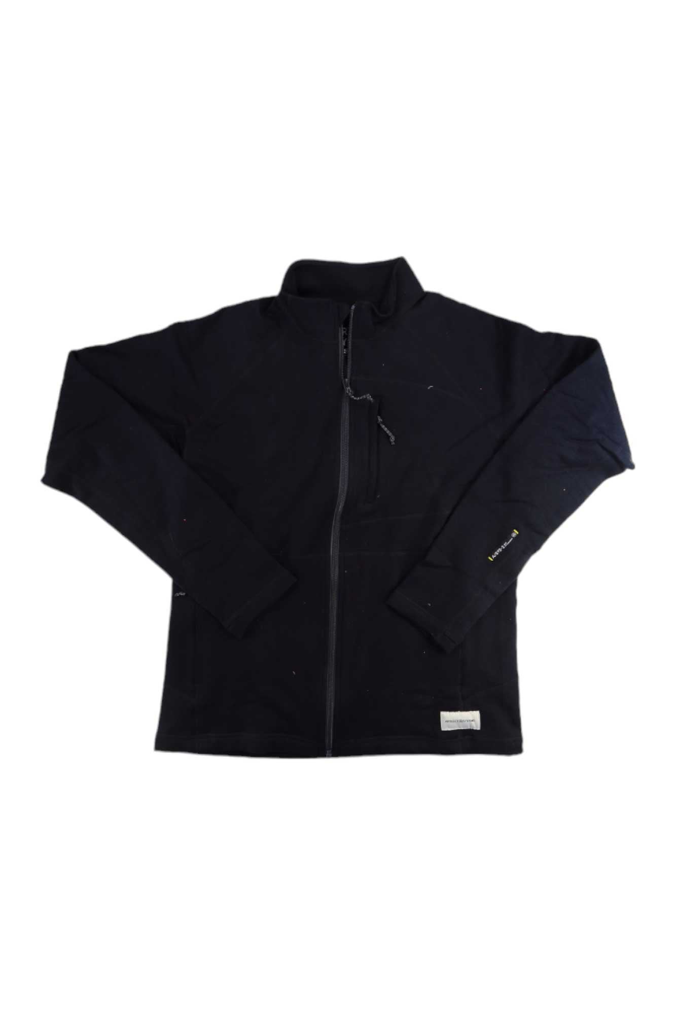 The Artilect Mens Eldorado 310 Merino Jacket is a black, slim-fit zip-up with long sleeves, high collar, and subtle tags on the hem and sleeve—perfect for winter camping.