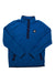 The Burton Men's Hearth Anorak is a long-sleeve blue Polartec fleece pullover with recycled polyester, a black snap-button placket, stand-up collar, and black logo patch on the left chest. Shown laid flat with sleeves slightly crossed.