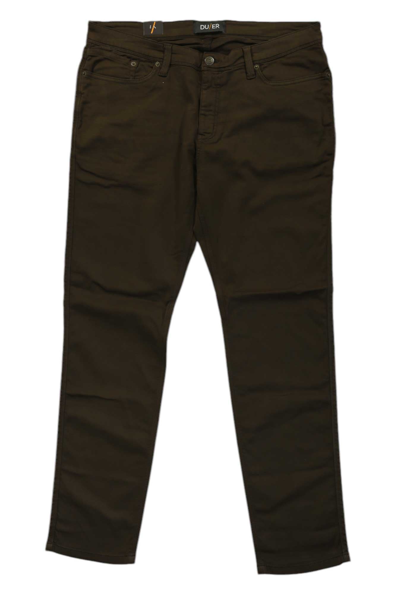 The DU/ER Mens No Sweat Slim Fit Pant in dark brown features front and back pockets, button and zipper closure, eco-friendly moisture-wicking fabric, and a branded waistband label.