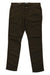 The DU/ER Mens No Sweat Slim Fit Pant in dark brown features front and back pockets, button and zipper closure, eco-friendly moisture-wicking fabric, and a branded waistband label.