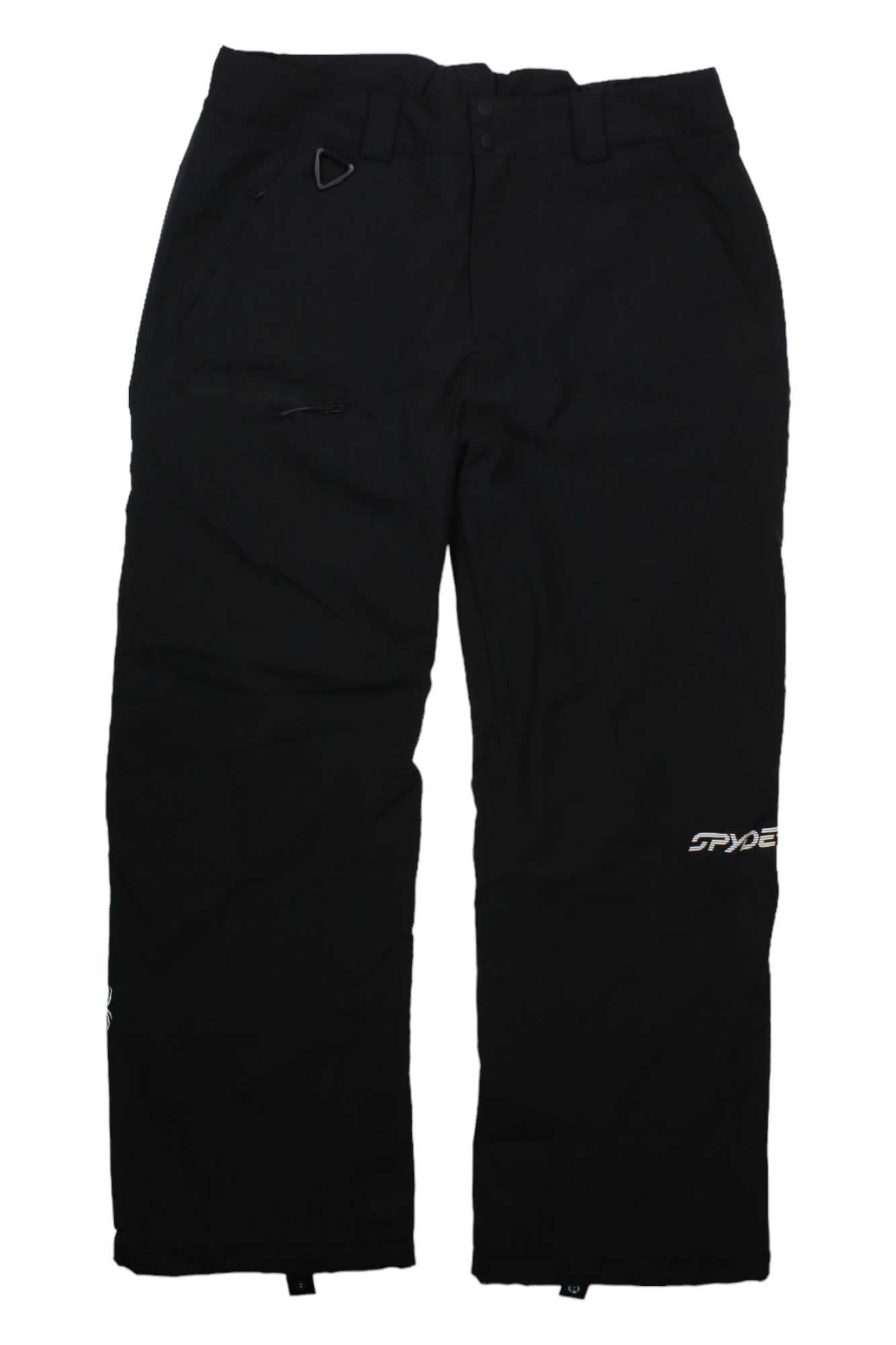 The Spyder Mens Seventy Pant are black, waterproof, insulated snow pants with front pockets, belt loops, a zipper fly, reinforced cuffs, and a visible Spyder logo on the upper right leg—ideal for snowsports.