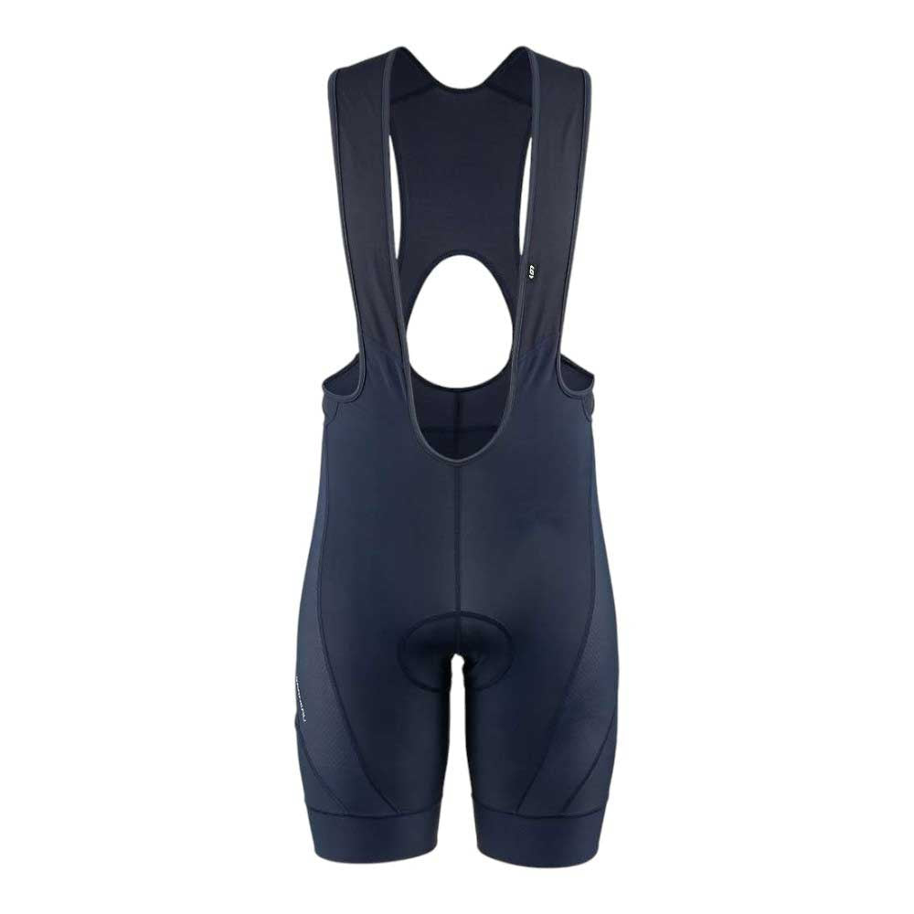 Men's cycling bib shorts, dark navy/gray with chest straps and open leg holes