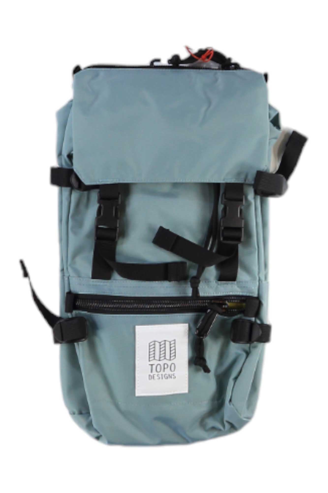 Slate blue mini backpack with top flap, front pocket, and adjustable shoulder straps