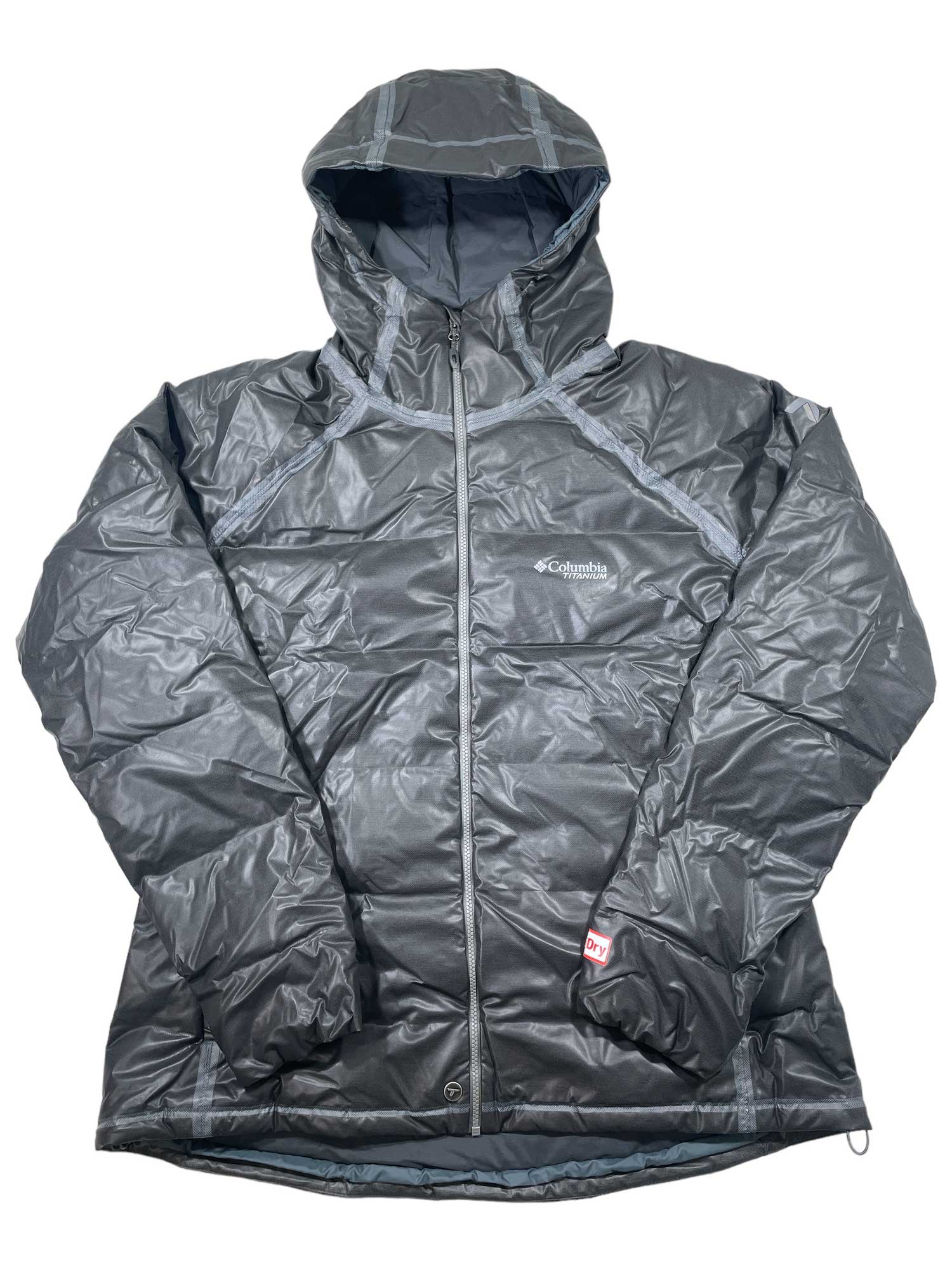 Women's blue-gray down jacket with hood, full-zip front and quilted puffer design
