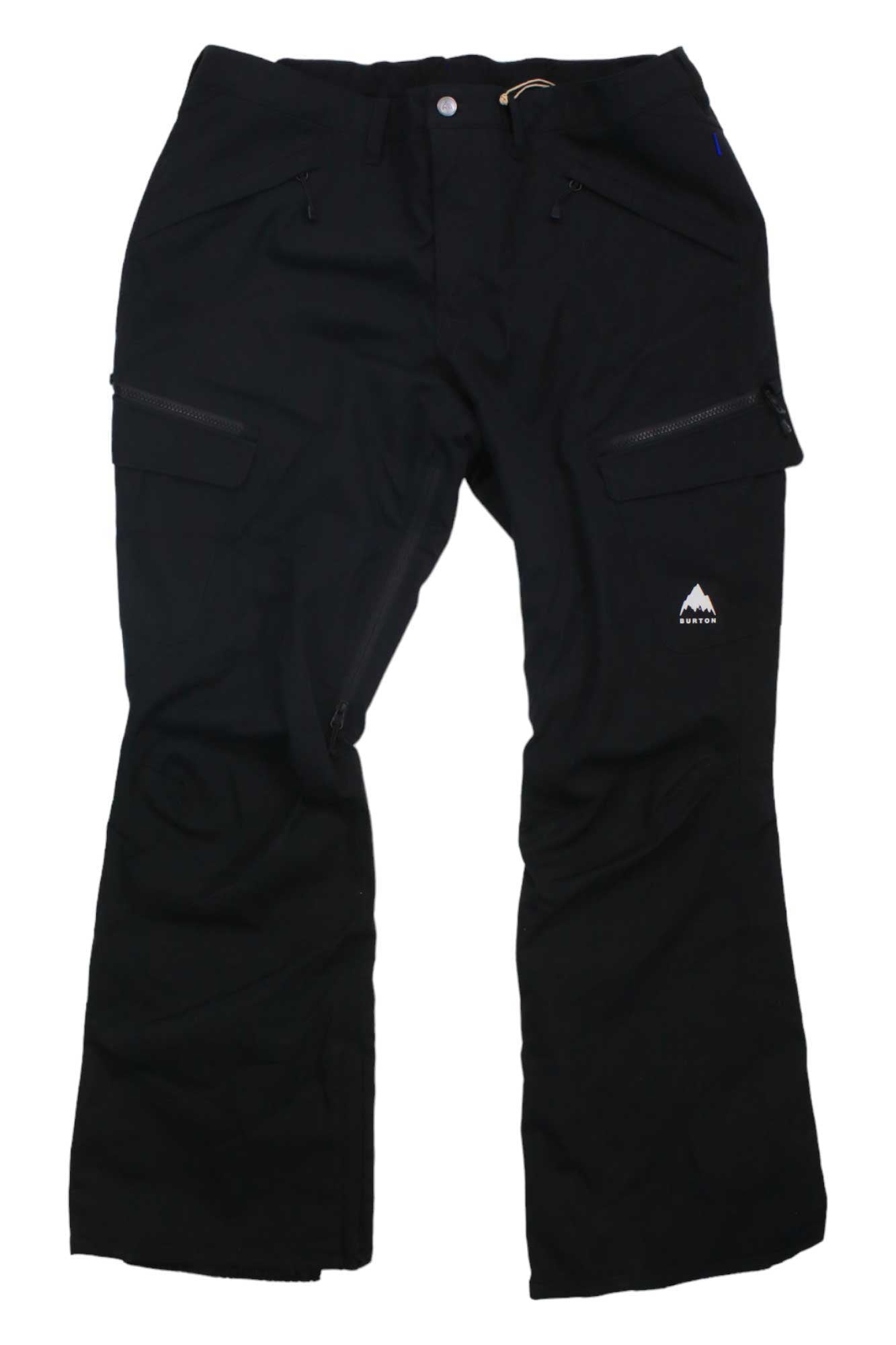 A pair of black Burton Womens Gloria Pant featuring zippered pockets, Thermacore Stretch insulation, and a small white mountain logo on the left thigh is laid flat on a white background.