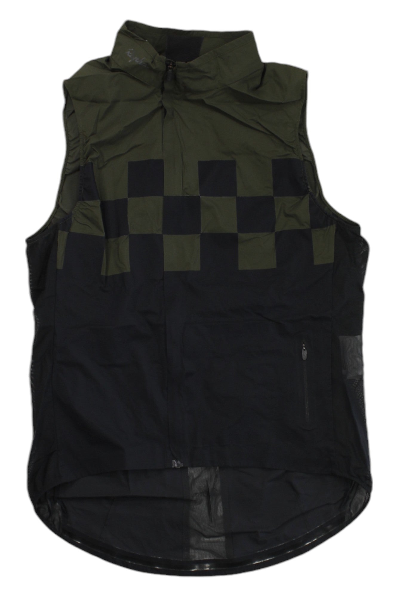 The Rapha Classic Gilet is a sleeveless, high-collar vest made from lightweight, durable fabric. It features a dark green and black checkerboard chest pattern and a front zipper—ideal for outdoor adventures.