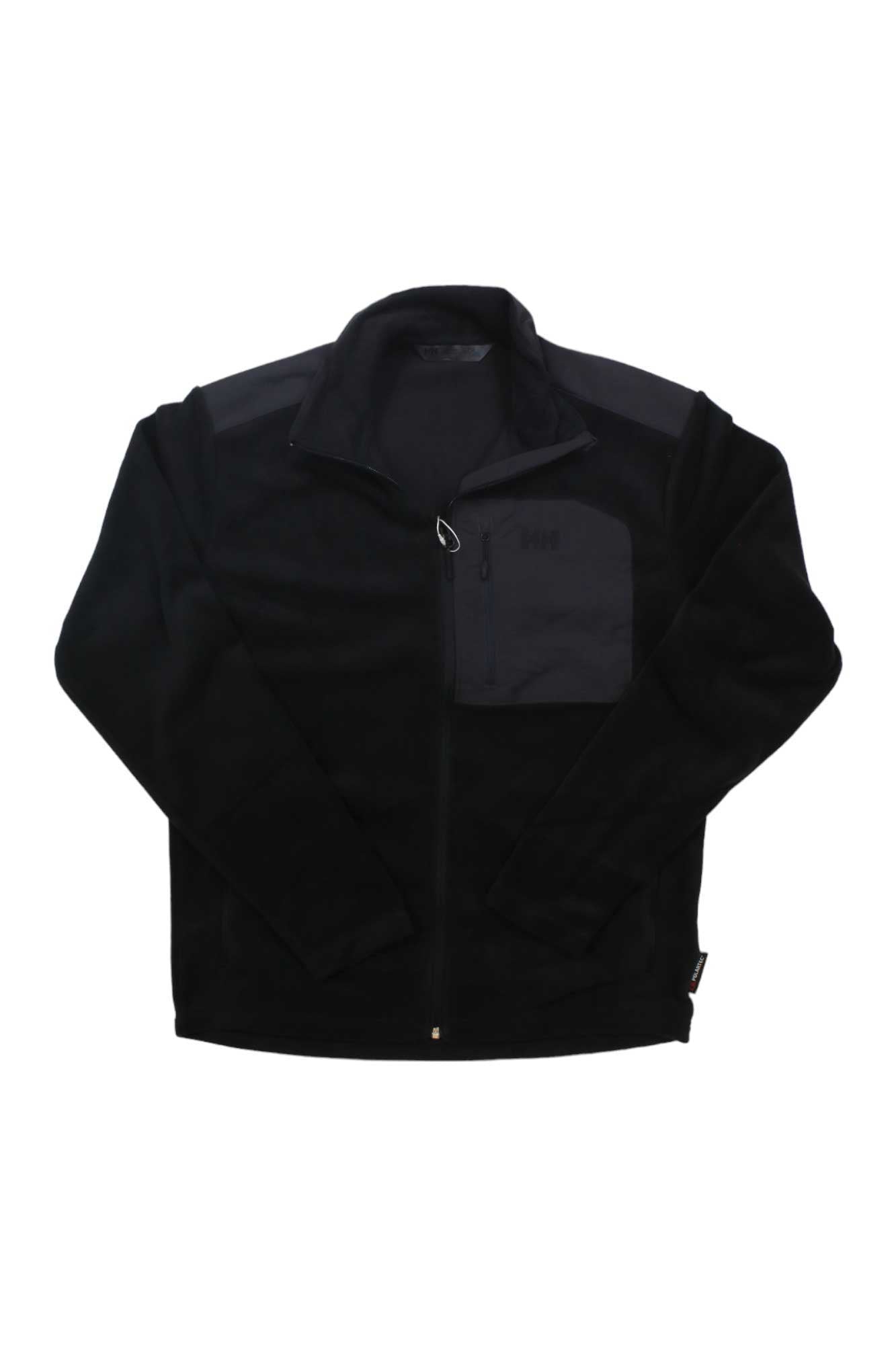 The Helly Hansen Men's Daybreaker Block Jacket is a black recycled polyester Polartec microfleece with a high collar, zip-up front, left chest zip pocket, long sleeves, and a simple casual design.