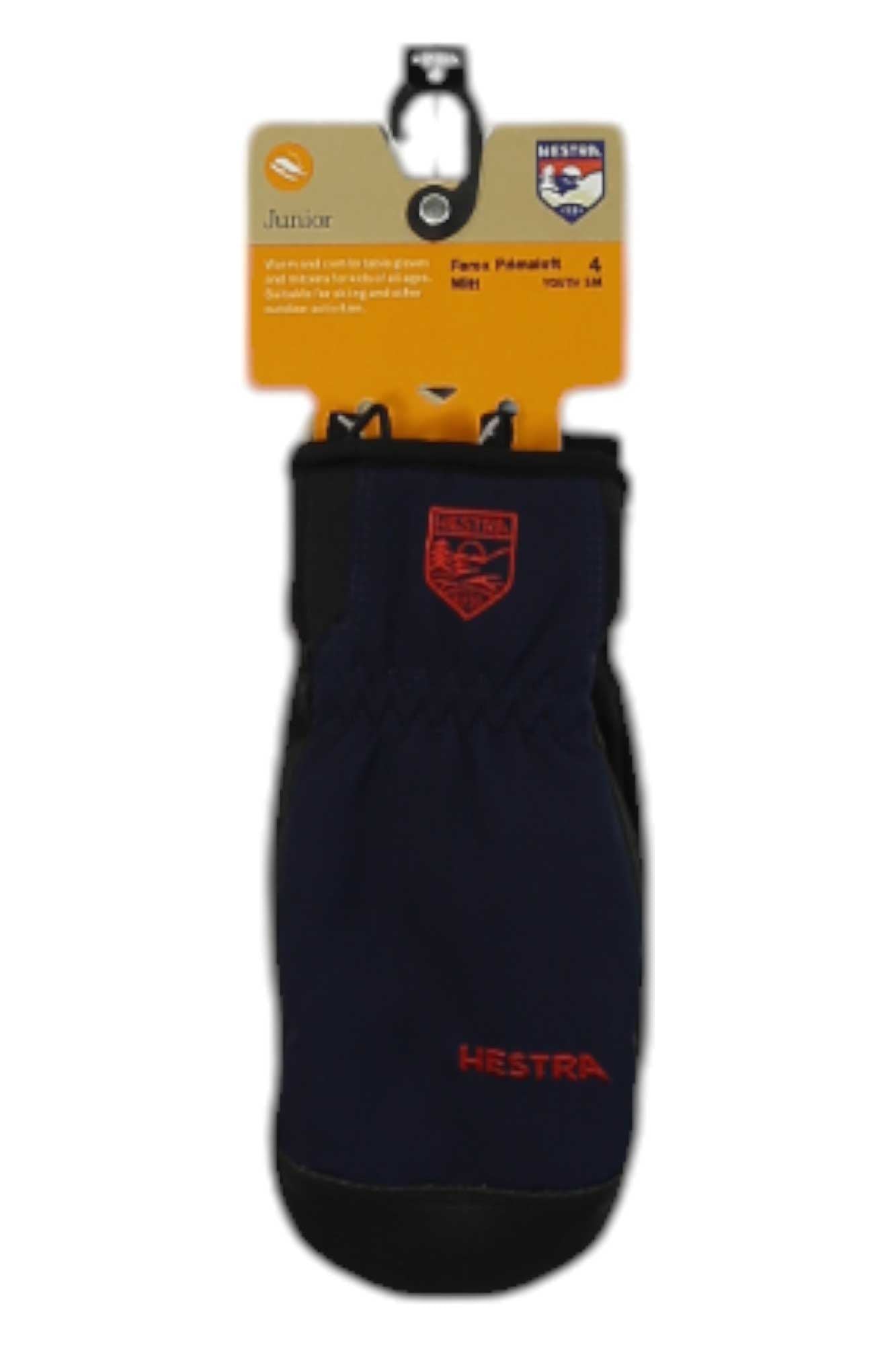 Kids insulated Hestra mitt in navy, red logo patch and embroidered wrist