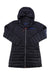 The Cotopaxi Womens Fuego Down Parka is a long black quilted down jacket with a front zipper, horizontal stitching, subtle left-chest logo, and a cozy hood for warmth, shown laid flat on a white background.