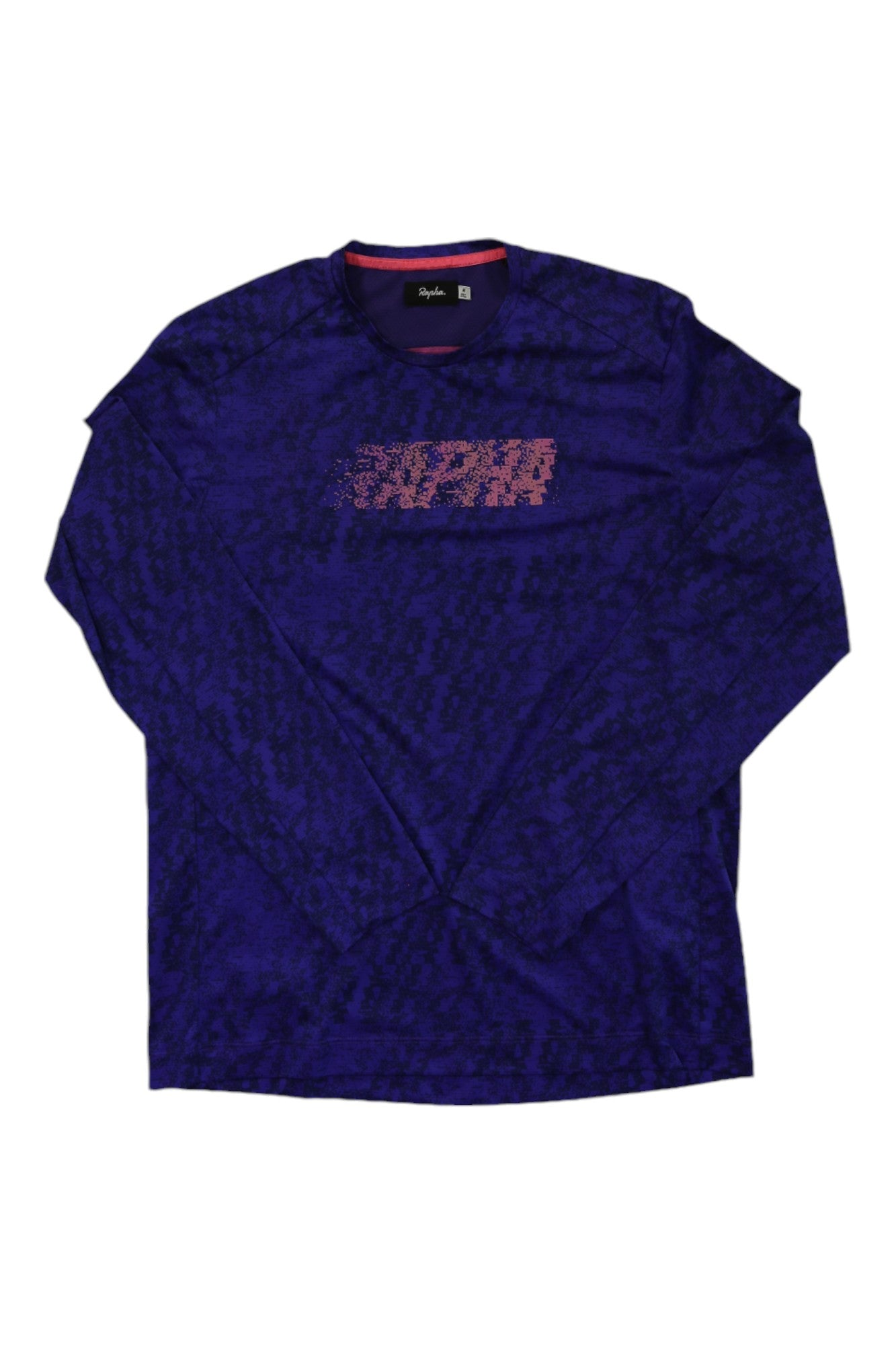 The Rapha Long Sleeve Technical T-Shirt for men comes in dark blue and black with a pink and white pixelated chest graphic. Designed with a performance fit for comfort, it's shown on a white background.