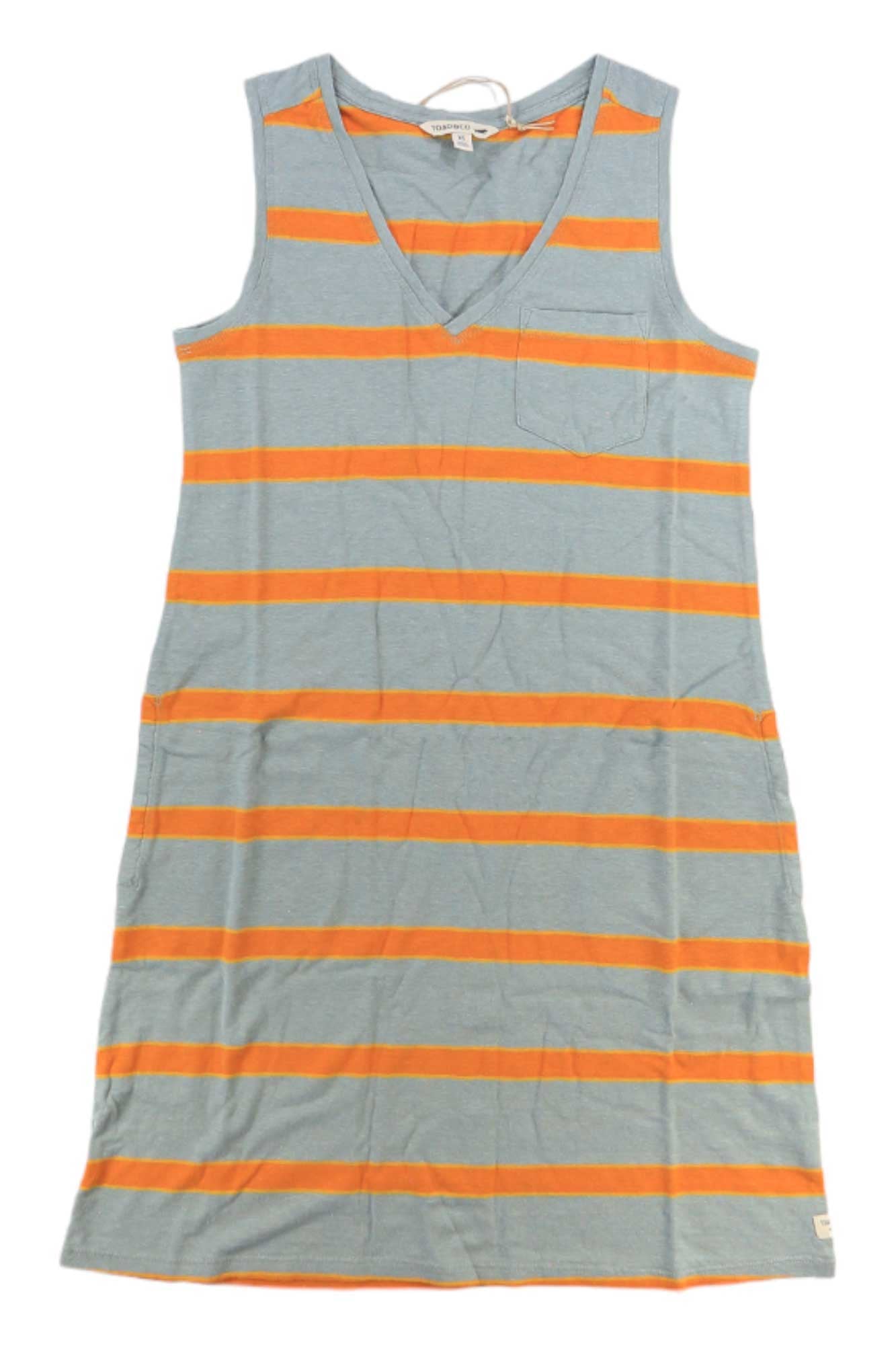 The Toad & Co Womens Grom Tank Dress is a sleeveless, knee-length organic cotton dress with a V-neck, front chest pocket, and horizontal orange and gray stripes, shown laid flat on a white background.