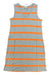 The Toad & Co Womens Grom Tank Dress is a sleeveless, knee-length organic cotton dress with a V-neck, front chest pocket, and horizontal orange and gray stripes, shown laid flat on a white background.