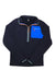 The Cotopaxi Otero Fleece Half-Zip Pullover is a black, long-sleeve top with a blue chest pocket, orange zipper, light gray accents, and Cotopaxi logo—ideal for hiking and made from recycled materials.
