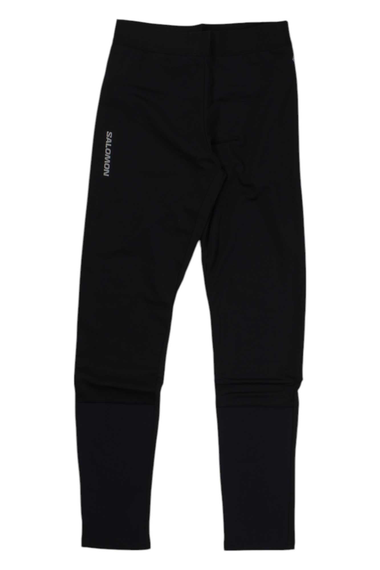 A pair of Salomon Men's GTX Windstopper Softshell Tights in black, featuring "SALOMON" printed in white on the upper left thigh, shown against a white background.