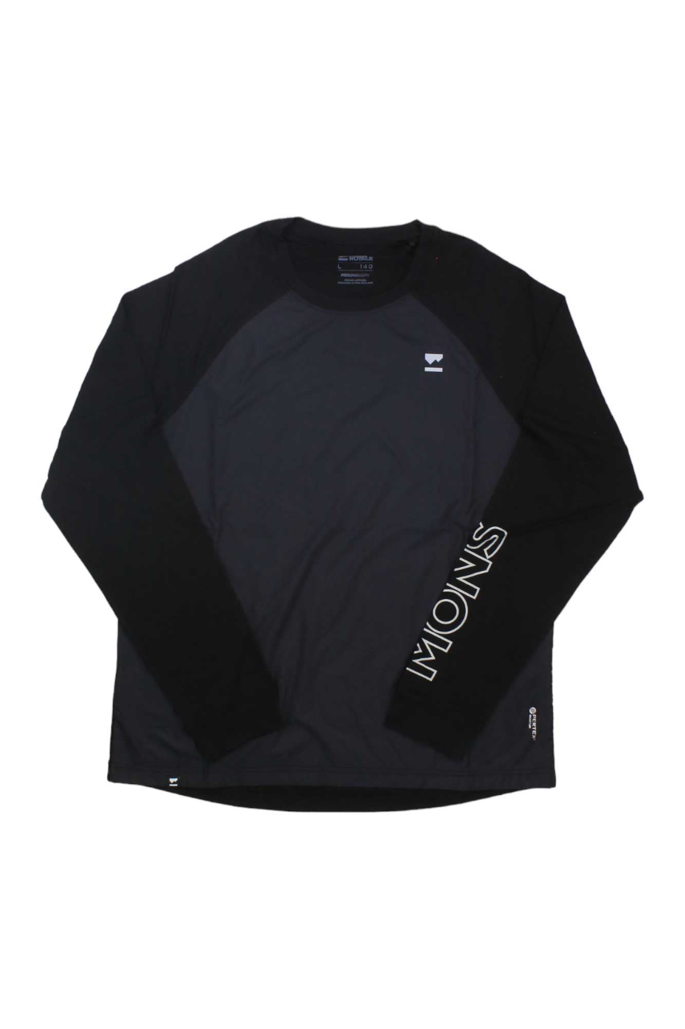 Women’s merino wind jersey, black crew-neck with dark gray torso and logo accents