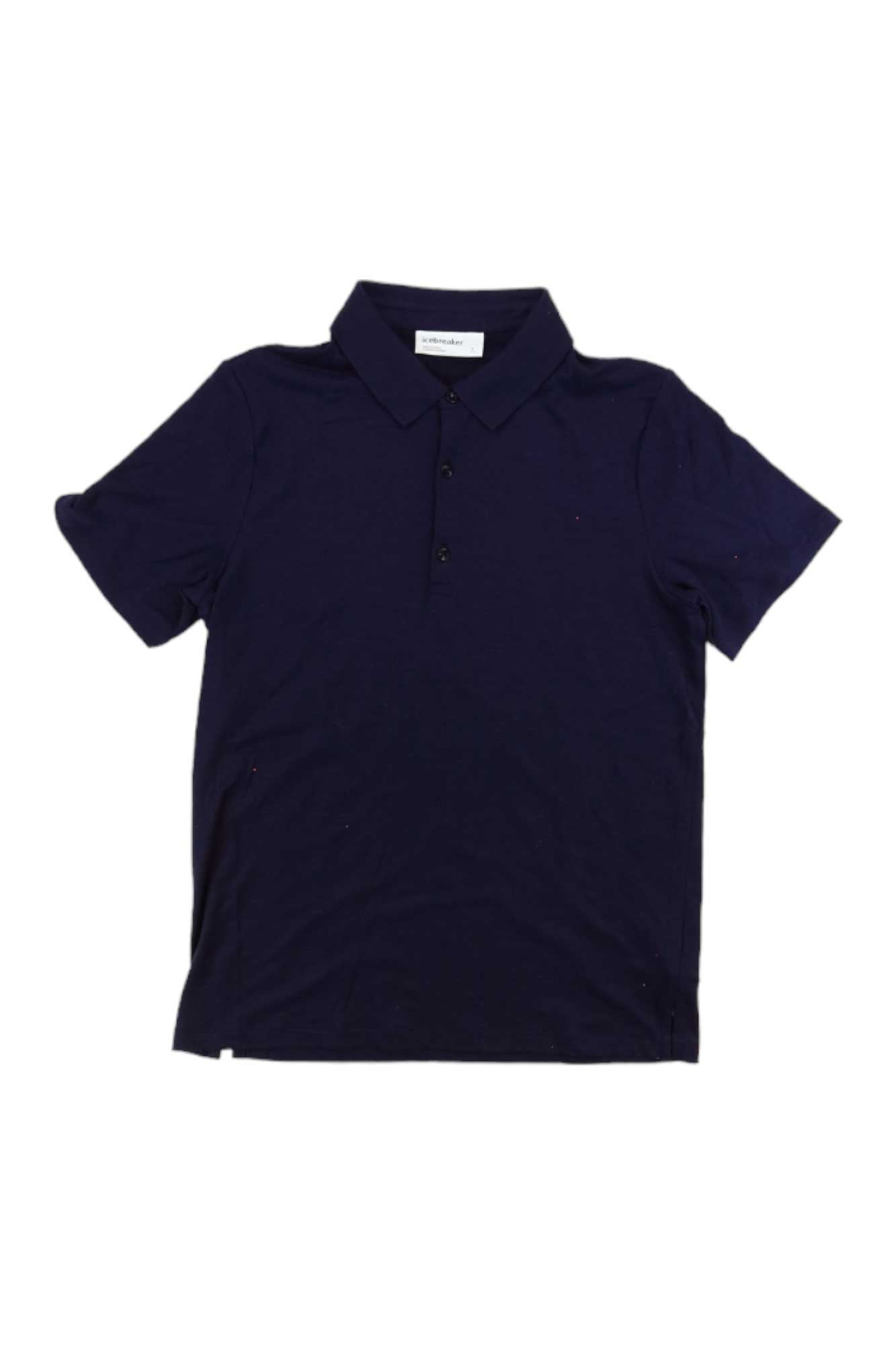The Icebreaker Mens Tech Lite II SS Polo is a navy blue, short-sleeved merino wool shirt with a collar and three buttons, shown laid flat on a white background. This breathable polo offers all-day comfort for men.