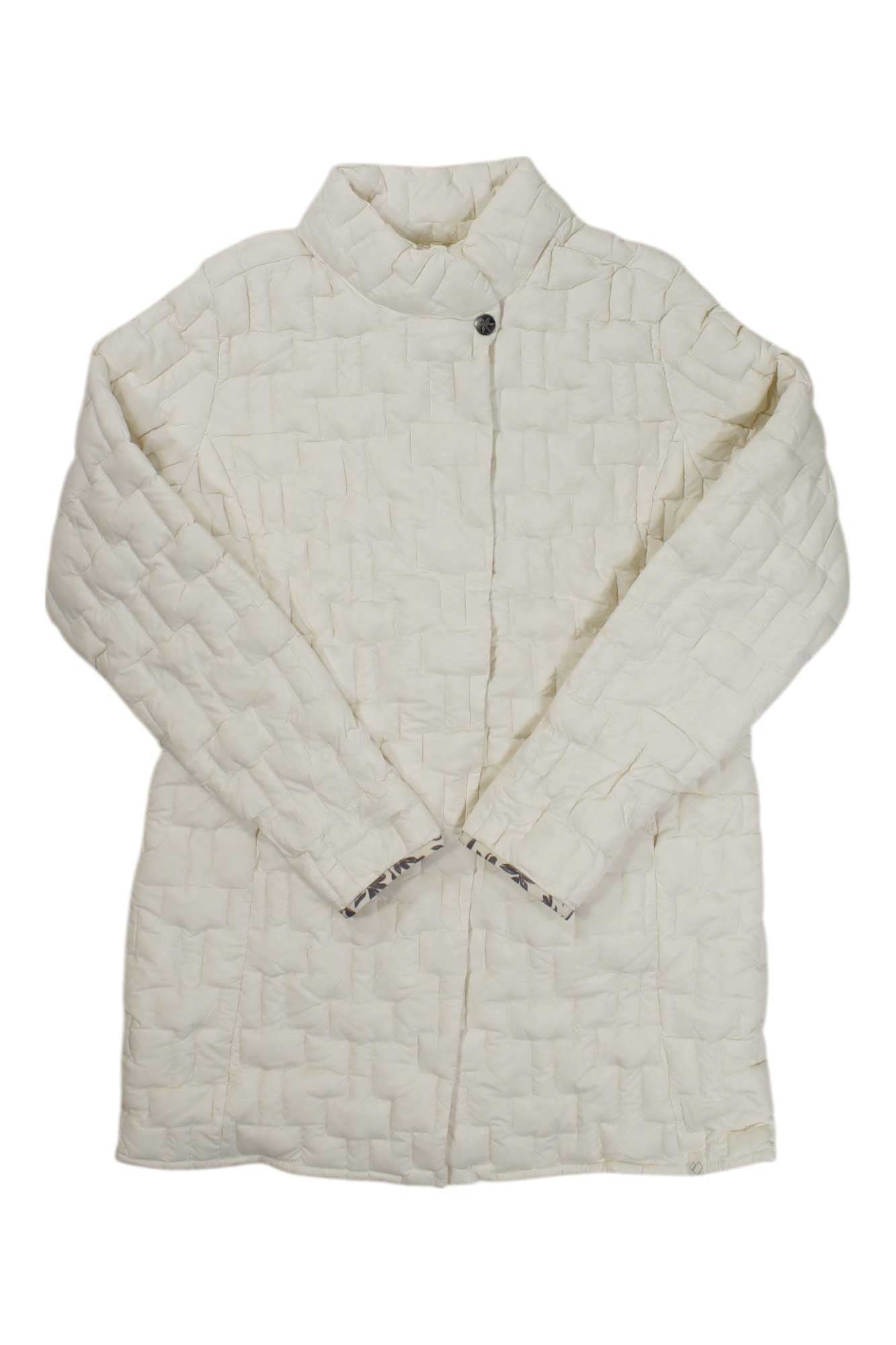 The Obermeyer Womens Perry Down Parka is a long-sleeved, off-white quilted insulated jacket with a high collar and single neck button, shown flat on a white background, offering premium down insulation for exceptional warmth.
