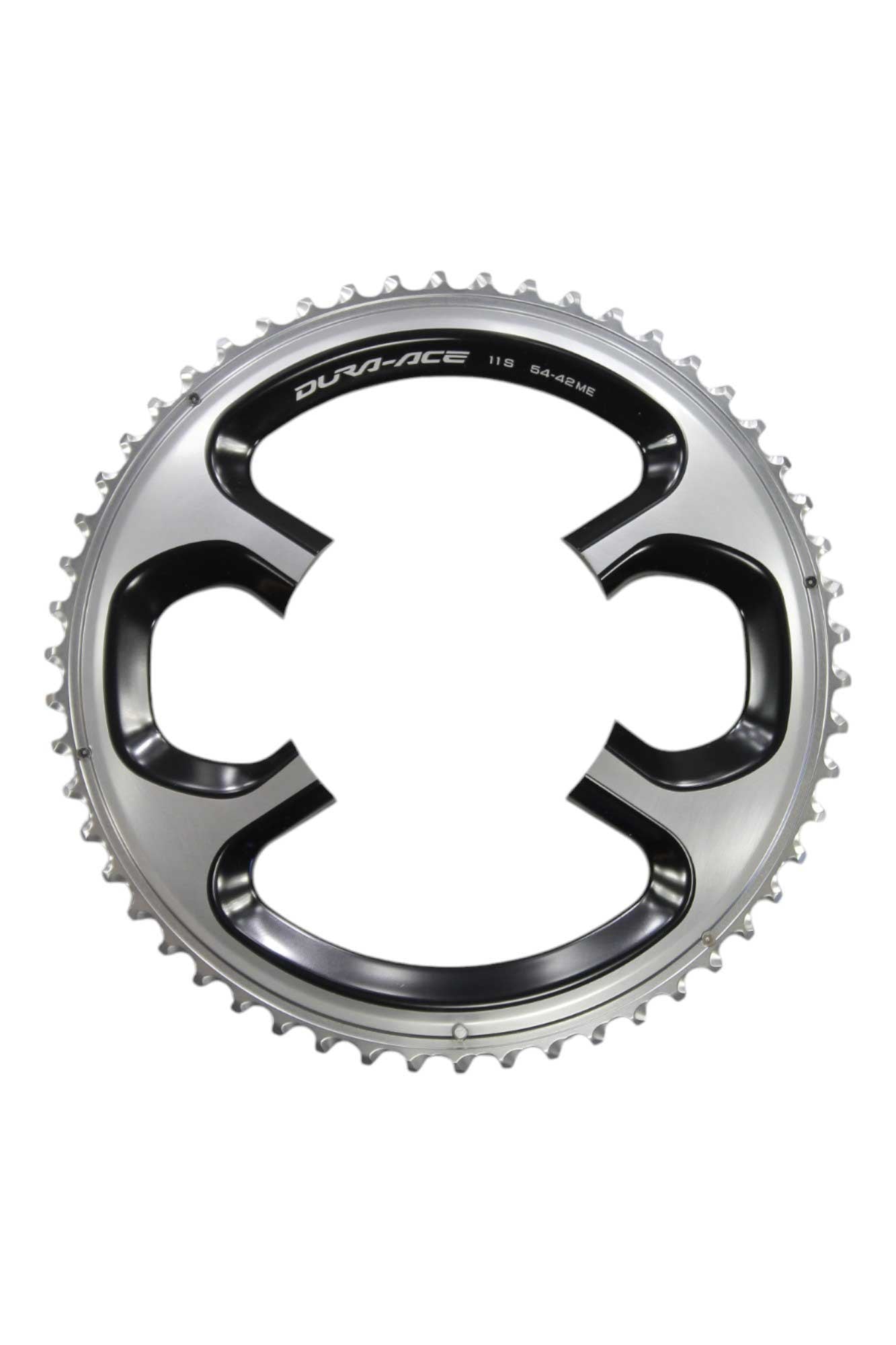 The Shimano Dura-Ace FC-9000 Chainring has 54 teeth, features multiple cutouts, a glossy black and silver finish, and is designed for high-performance road cycling.