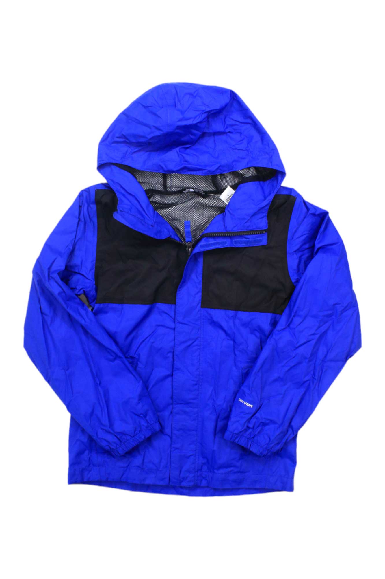 The Boys Resolve Reflective Jacket is waterproof and blue with black chest and shoulder panels, a partially open front zipper, long sleeves, and is displayed on a white background.