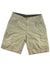 Mens Columbia Hiking Shorts in light khaki, featuring multiple pockets including a zippered left leg pocket and button waist closure, are perfect for hiking and shown laid flat on a white background.