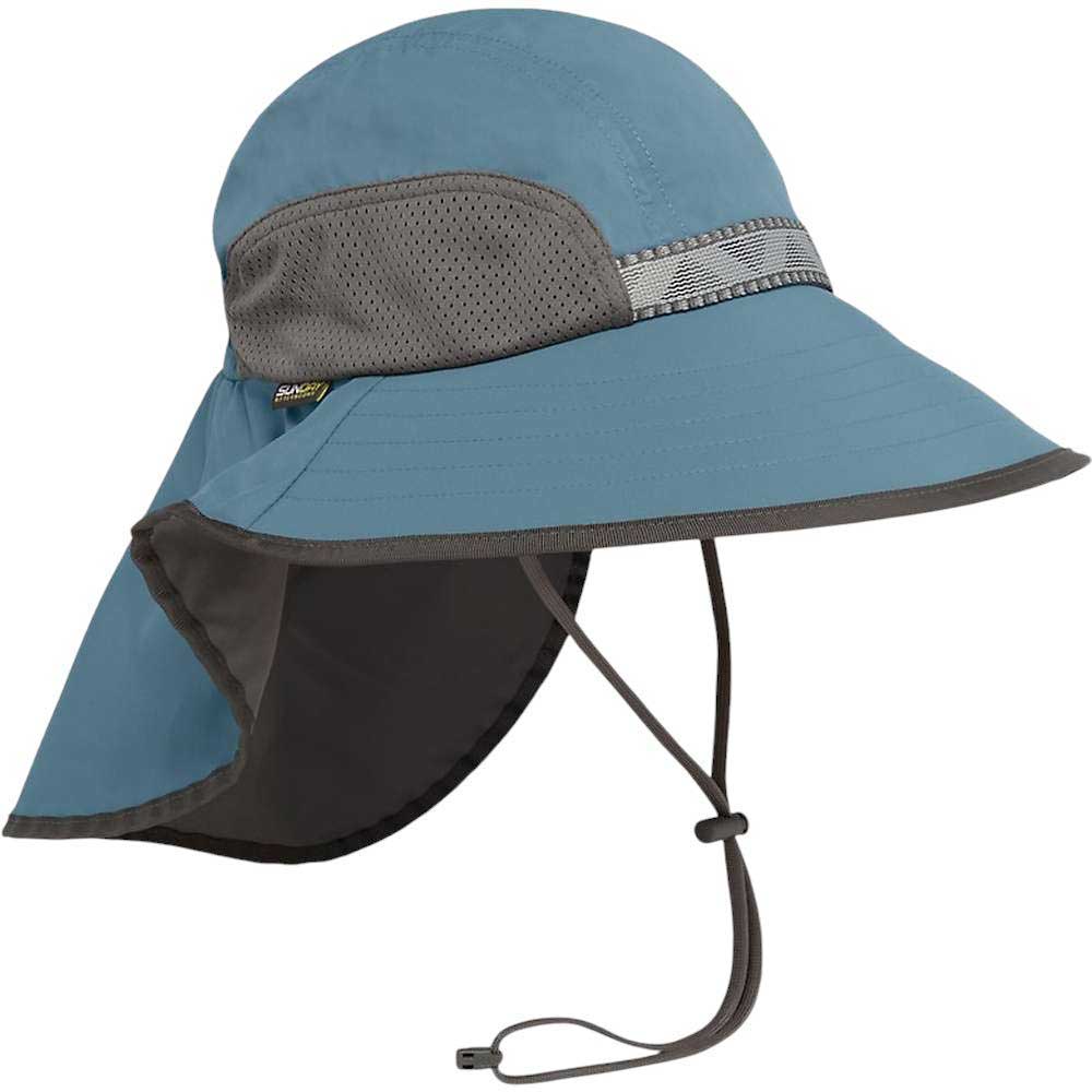 Adventure hat in blue with gray mesh panel and neck strap