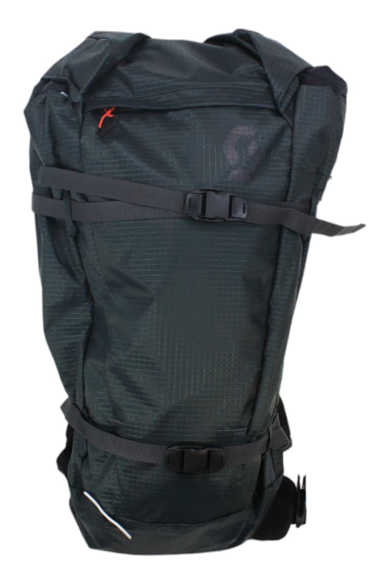 The Scott USA Mountain 35 Pack is a black roll-top mountain backpack featuring two front horizontal adjustable straps, a waist strap, ski carry system, textured pattern, and a small orange logo near the top.