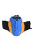 Pet lifejacket with blue and orange panels, black padding, and side adjustment straps