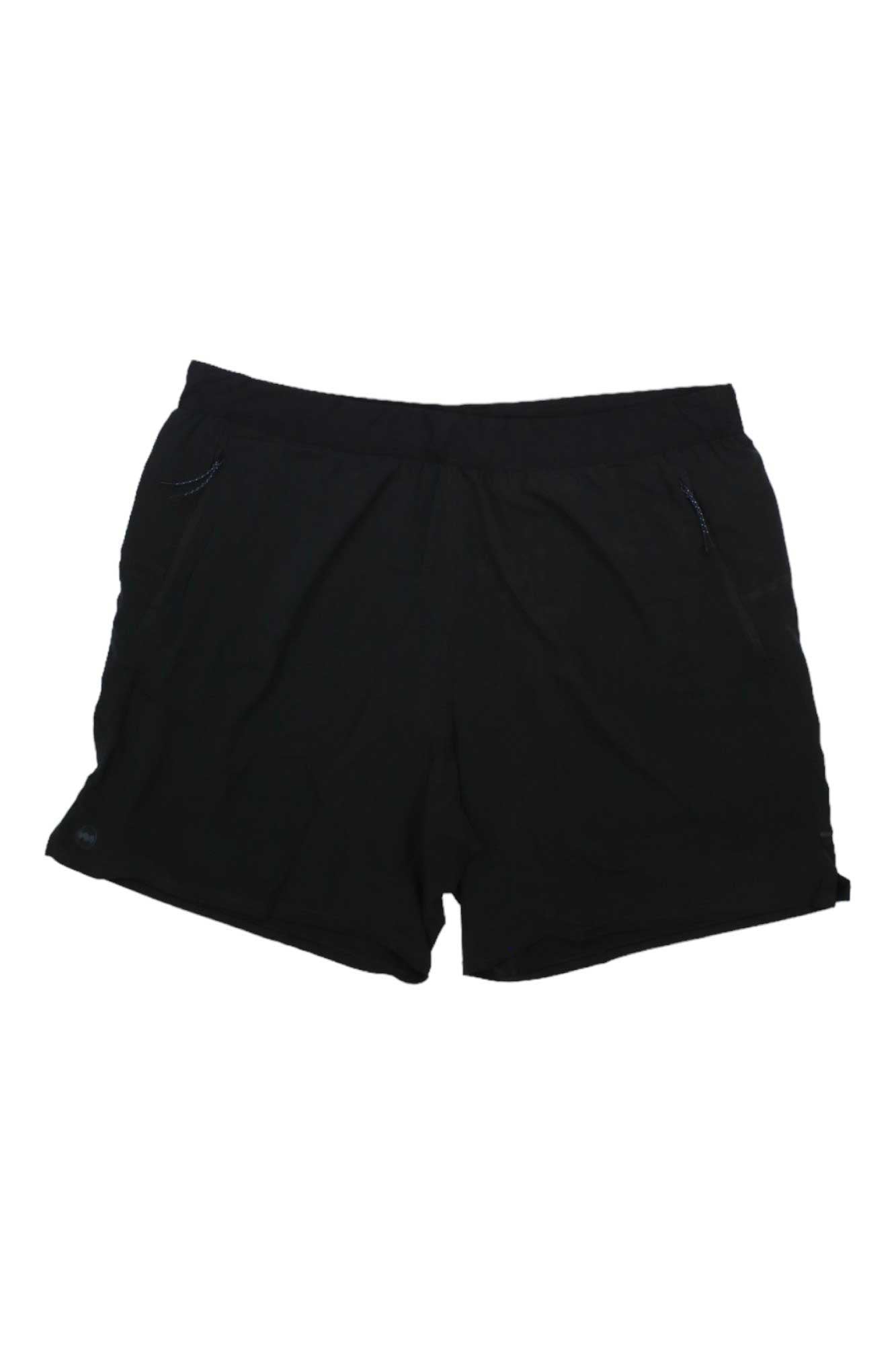 Janji Men's 7 Inch AFO Traverse 2-in-1 Shorts for men in black, featuring an elastic waistband and side pockets. Made from lightweight, breathable fabric, these trail performance shorts are shown laid flat on a white background.