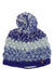 The Spyder Girls Bitsy Brrr Berry Hat is a cozy winter beanie with a large pom-pom, blue and white knit pattern, soft fleece lining, and a small metallic tag near the brim.