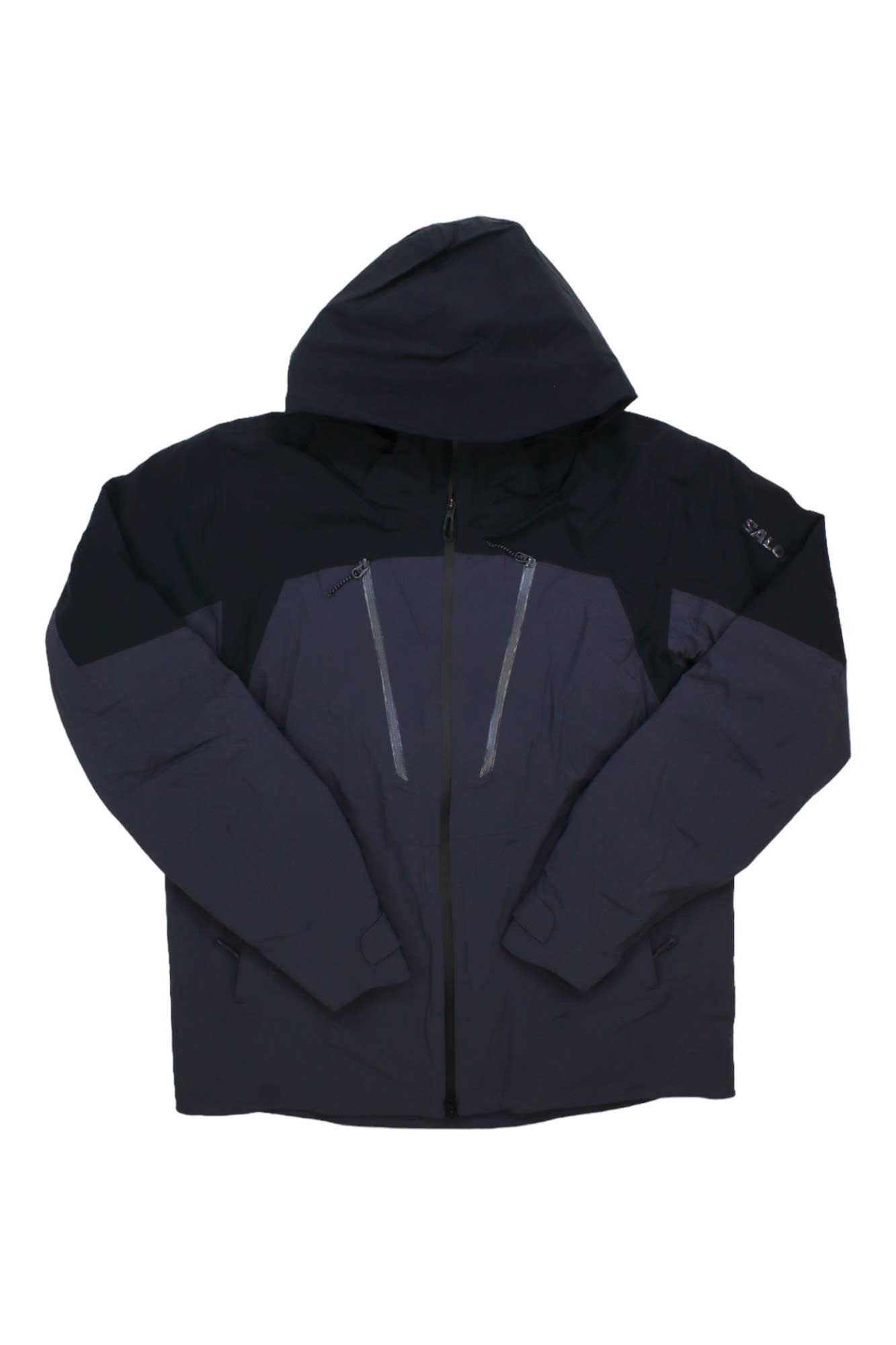 The Salomon Men's Brilliant Jacket in dark gray and black features PrimaLoft Eco insulation, a waterproof hood, two diagonal zippered chest pockets, and a full front zipper. Shown laid flat on a white background.