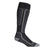 The Icebreaker Men's Ski+ Light Over The Calf Sock is a single black sock with grey toe and heel, white accent lines, and textured patterns for enhanced support and style.