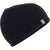 The Icebreaker Pocket Hat is a black merino wool beanie with a small gray tag and white logo on the edge, ideal for snowsports and shown against a white background.