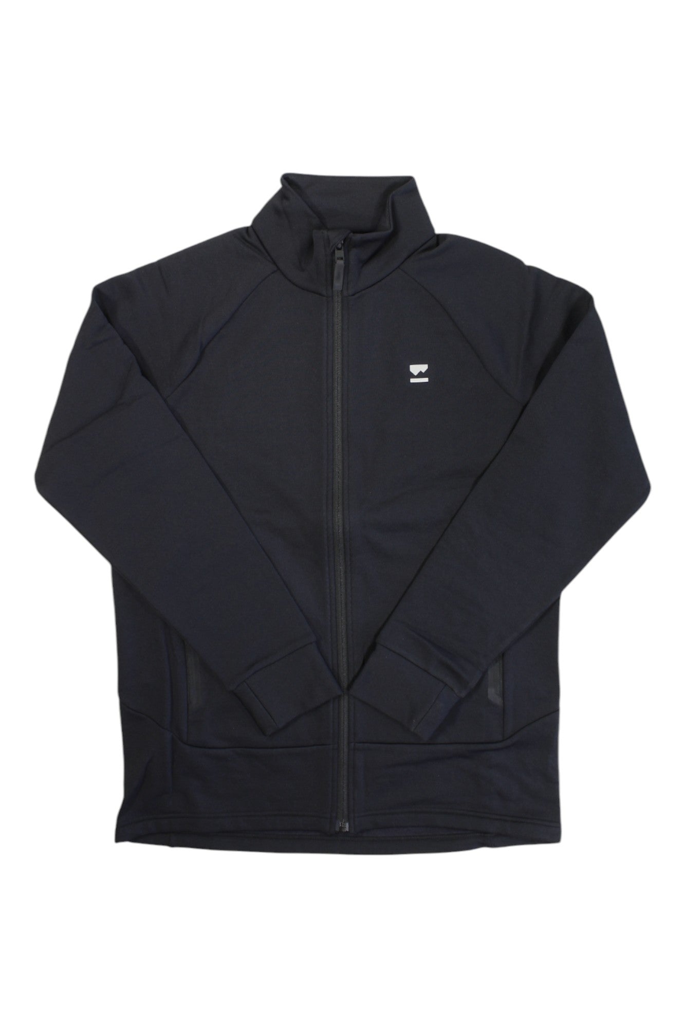The Mons Royale Mens Nevis Merino Fleece Jacket is a black full-zip with high collar, long sleeves, and a small white logo on the left chest—crafted for outdoor performance.
