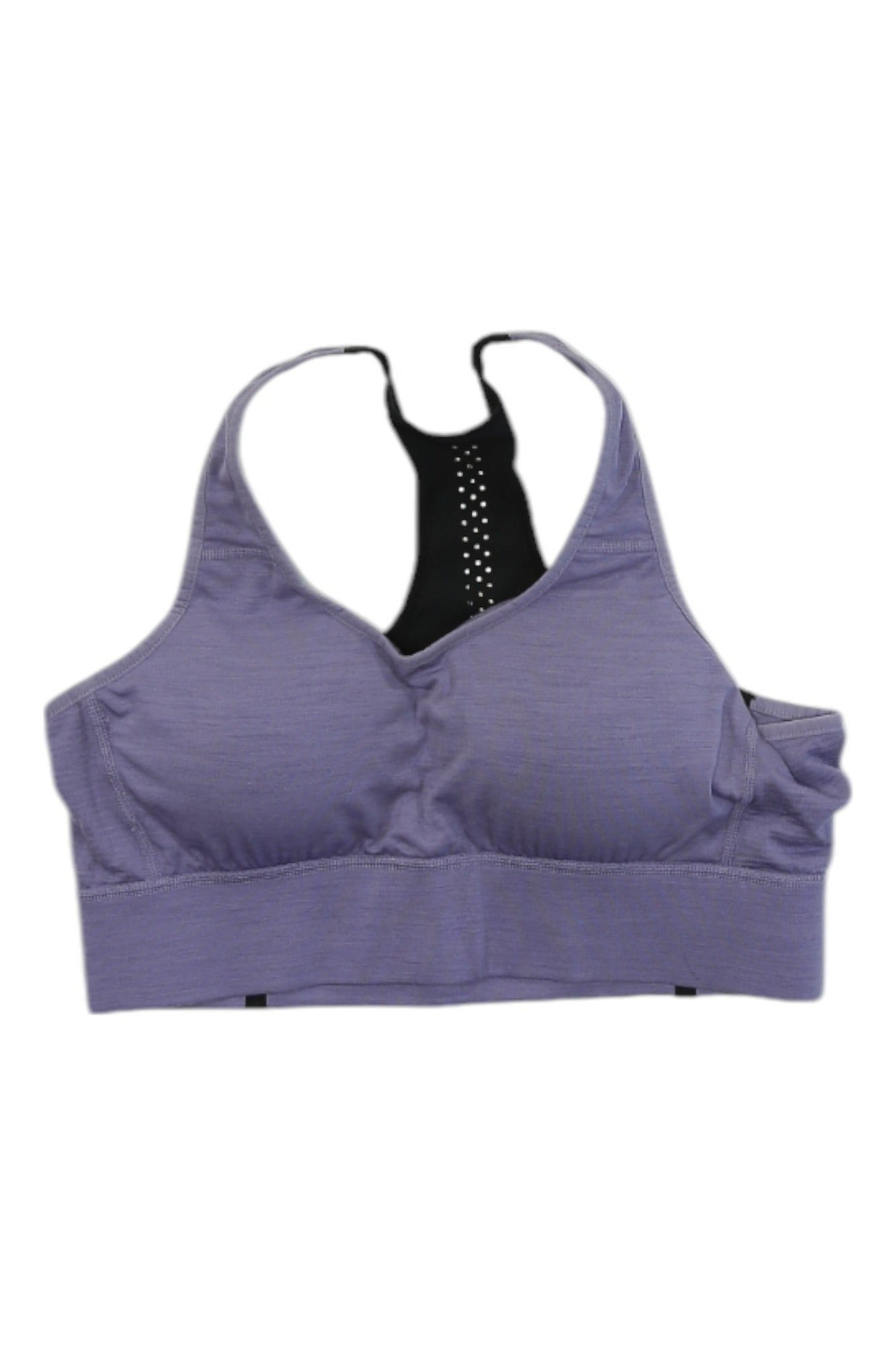 Mons Royale Stratos sports bra in purple with racerback straps and mesh panel