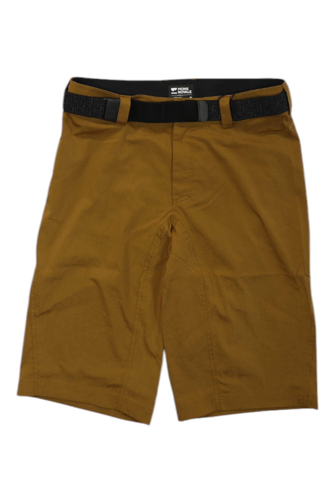 A pair of Mons Royale Mens Virage Bike Shorts in mustard yellow, crafted from soft Merino wool with a black adjustable waistband, displayed flat on a white background.