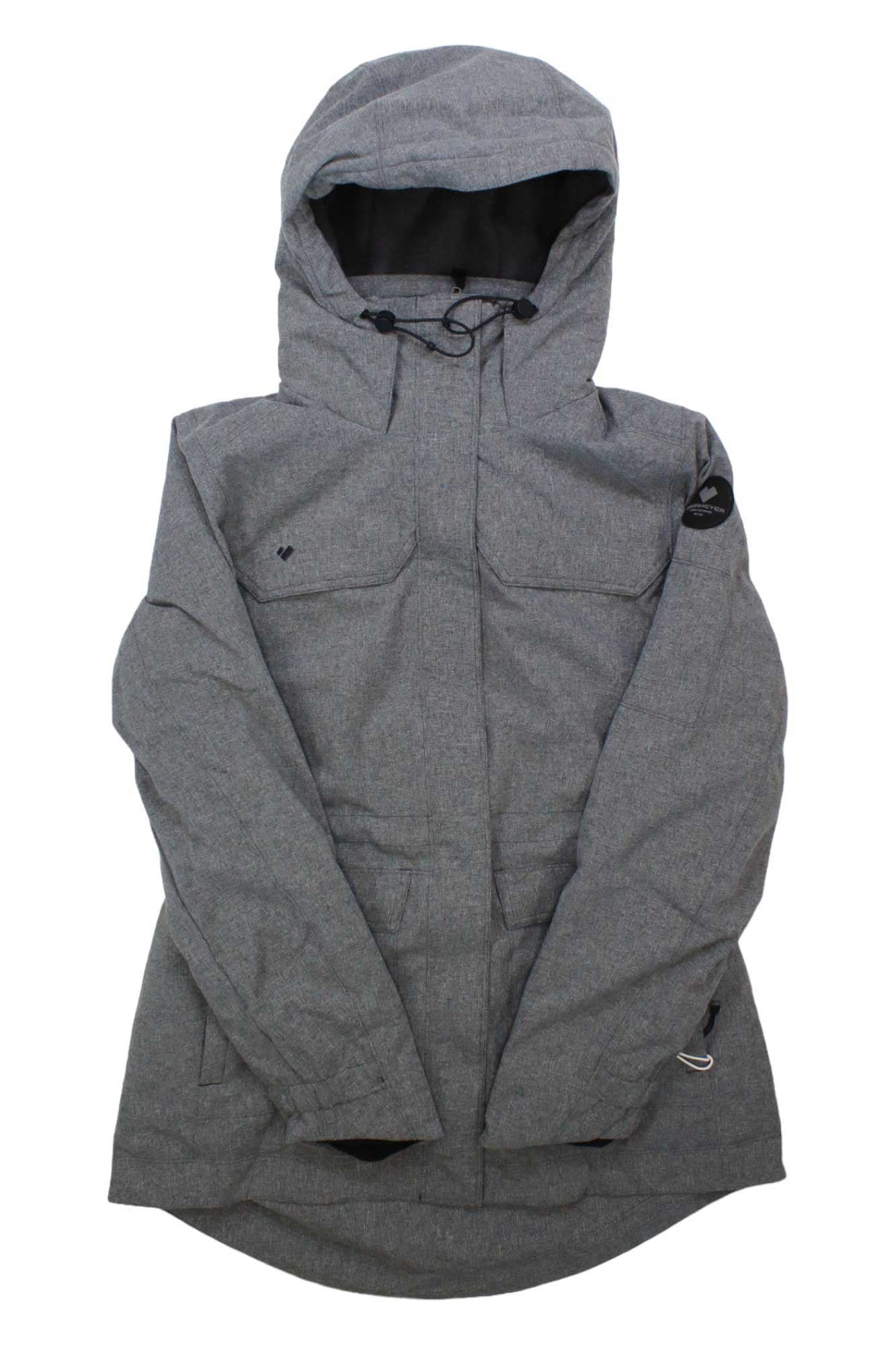 The Obermeyer Women's Celestia Jacket in gray features a hood, front zipper, chest pockets, and a patch on the left sleeve. It is displayed flat on a white background.